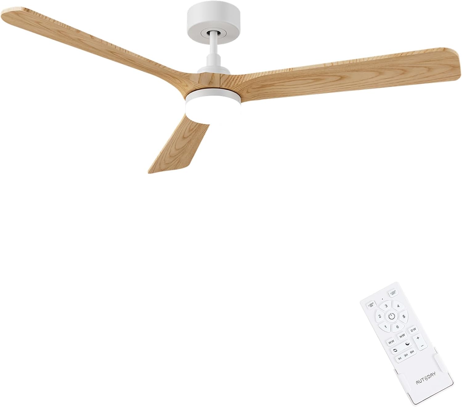 AUTODAY Holz Deckenventilator mit Beleuchtung, 6 Geschwindigkeiten, 30 W, 24W, 132 cm, Fernbedienung, LED-Beleuchtung, Timer, Holz/Weiß