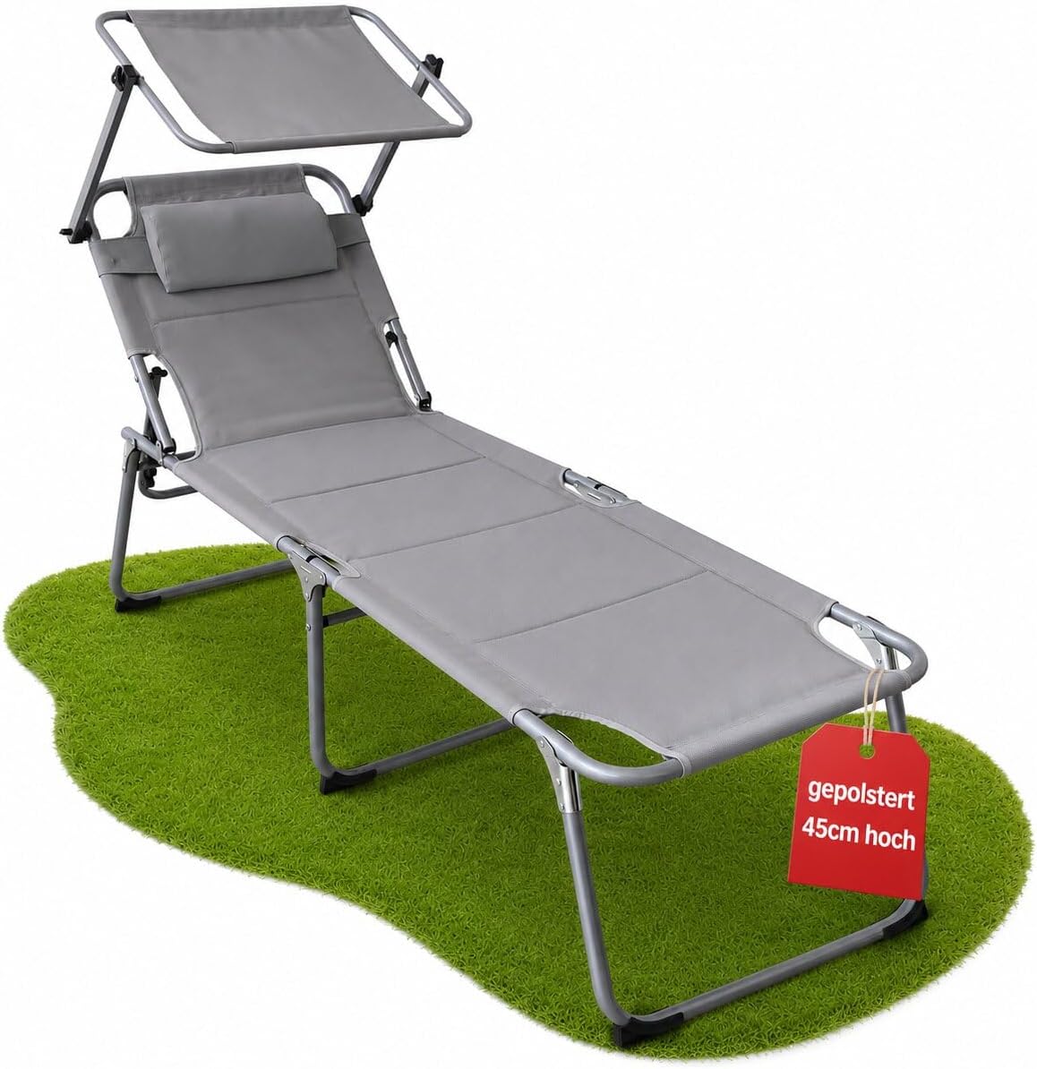 BigDean Liege Gepolsterte klappbare Sonnen mit Sonnendach und Kopfkissen , 193 × 59 × 45 cm, 4 Positionen, bis 150 kg, klappbar gepolstert