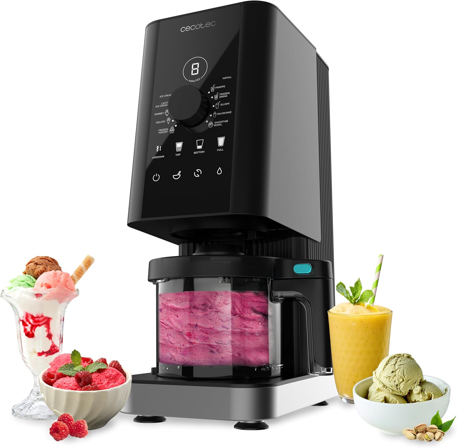 Cecotec Eismaschine Gelatec 1800, 1,35 l mit 3 × 450 ml BPA-frei, CreamOn and Re-Spin für ultra cremig, 10 Programme Eis & Ice-Drinks, Mix-ins