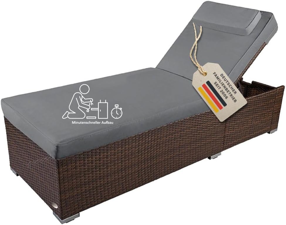 RS Trade Sonnenliege Gartenliege wetterfest extra hoch auch für Senioren, Stabil & belastbar bis 200 kg, Polyrattan Outdoor mit Rollen, Braun Rattan