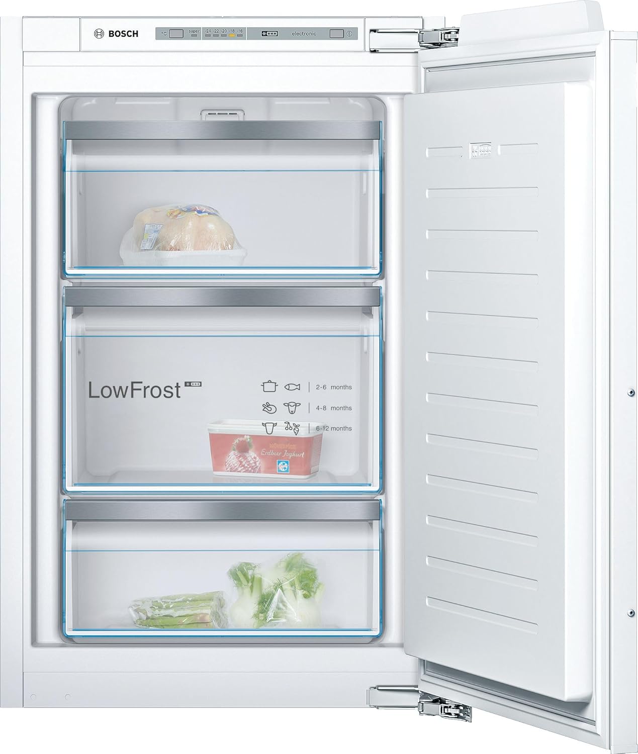 Bosch GIV21AFE0 Serie 6 Einbau-Gefrierschrank, 88 × 56 cm Nische, 97 l, Made in Germany, LowFrost seltener abtauen, BigBox Platz für großes Gefriergut