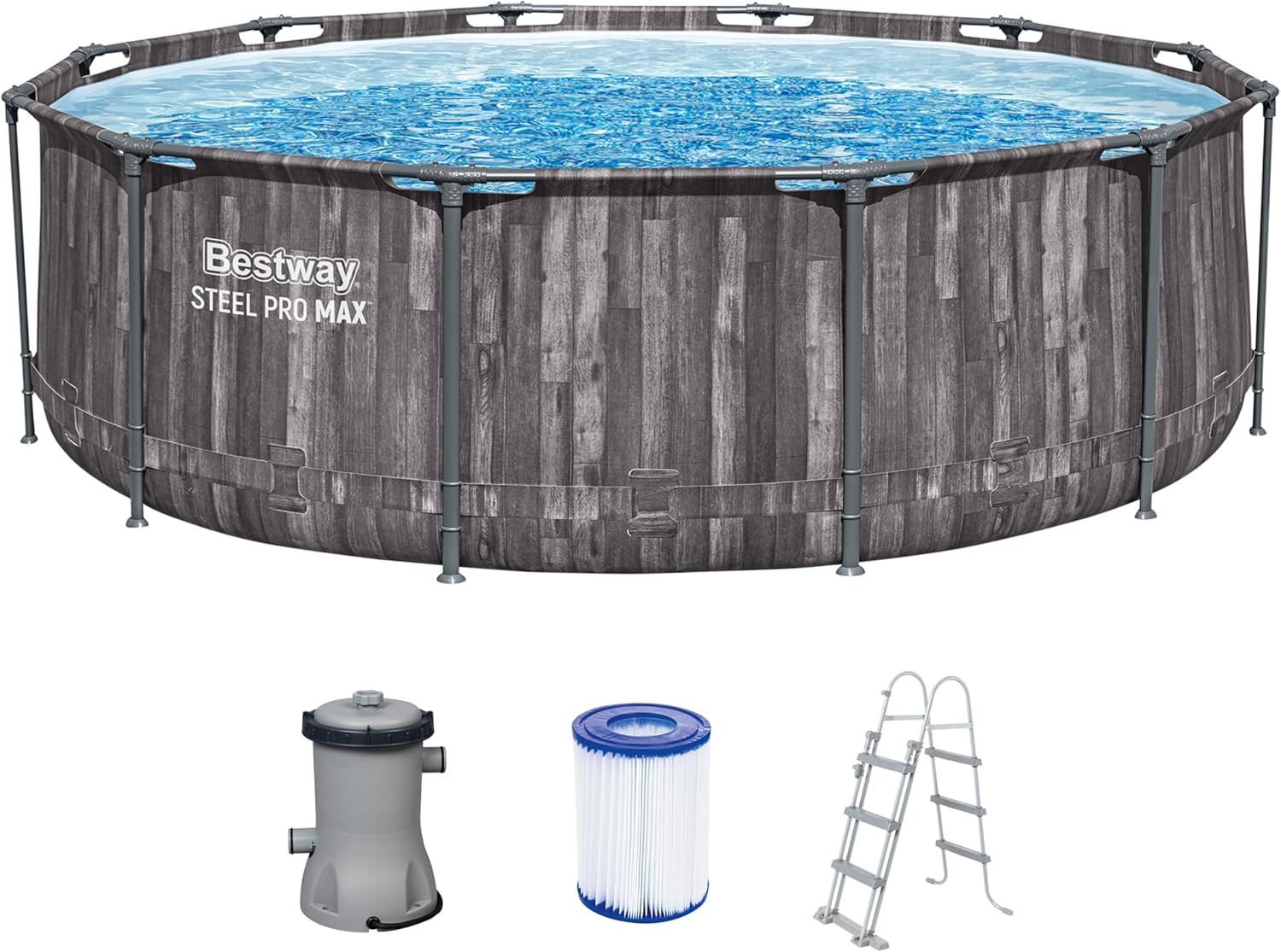 Bestway Steel Pro MAX Frame Pool-Set mit Filterpumpe Ø 366 × 100 cm, Holz-Optik, Rund