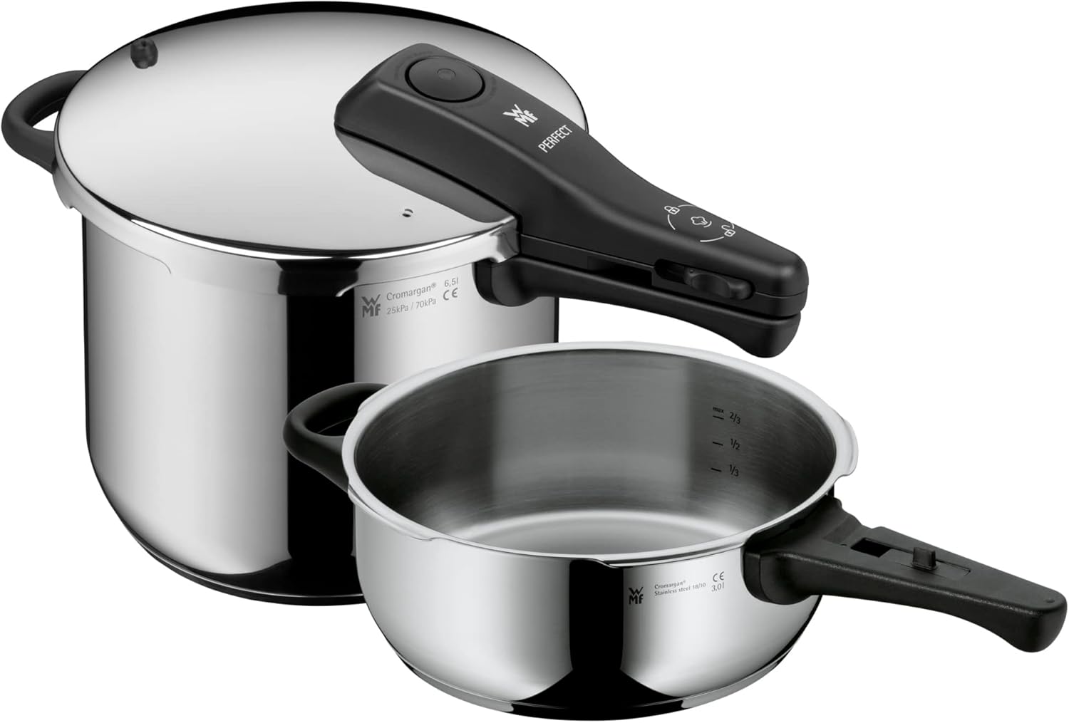 WMF Perfect One Pot Schnellkochtopf Set Induktion 2-teilig, Dampfkochtopf 6,5 l, 3 l, Großes Kochsignal, 2 Kochstufen, Abnehmbarer Deckelgriff
