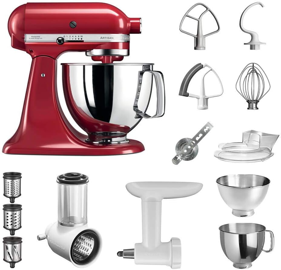 KitchenAid Artisan Küchenmaschine mit Gemüseschneider, Empire Rot, Fleischwolf und vielem Zubehör, 5KSM175PSEER