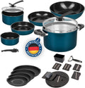 Genius Kelton Pfannenset Töpfe Set 3 in 1 mit Deckel, abnehmbarer Griff, Blau/Schwarz, frei