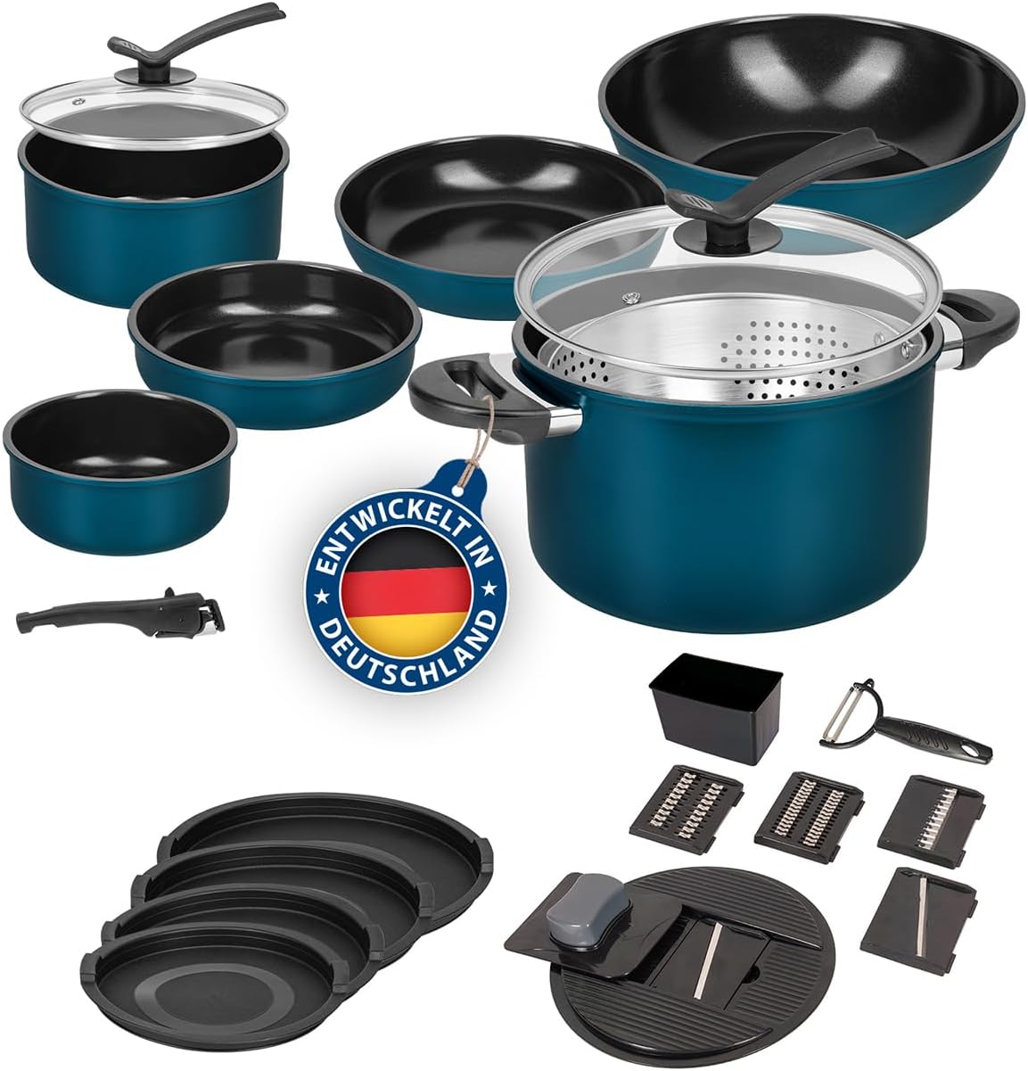 Genius Kelton Pfannenset Töpfe Set 3 in 1 mit Deckel, abnehmbarer Griff, Blau/Schwarz, frei