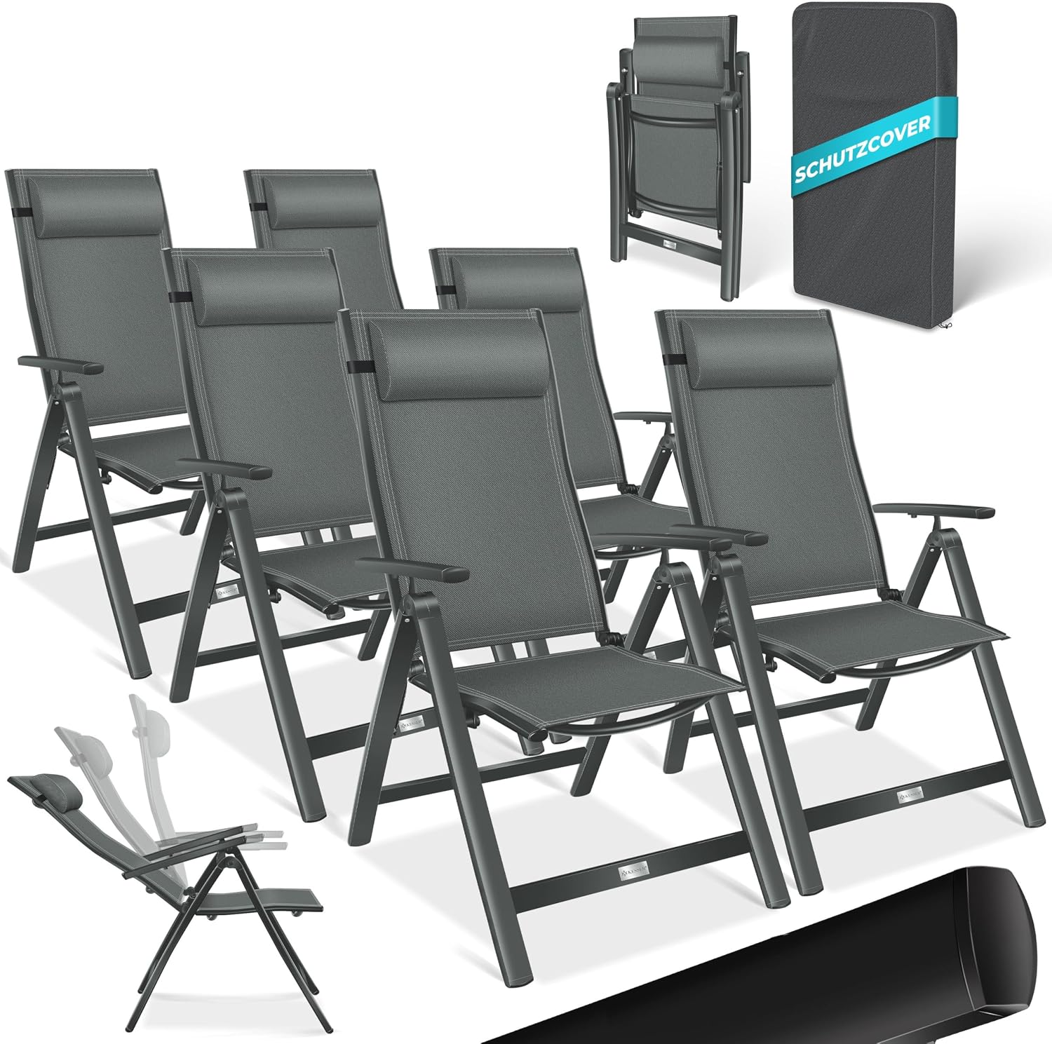 KESSER Gartenstuhl Hochlehner mit Armlehnen 6er Set Aluminium Klappstuhl mit Kopfkissen & Abdeckung Campingstuhl 7-Fach Verstellbar Rückenlehne
