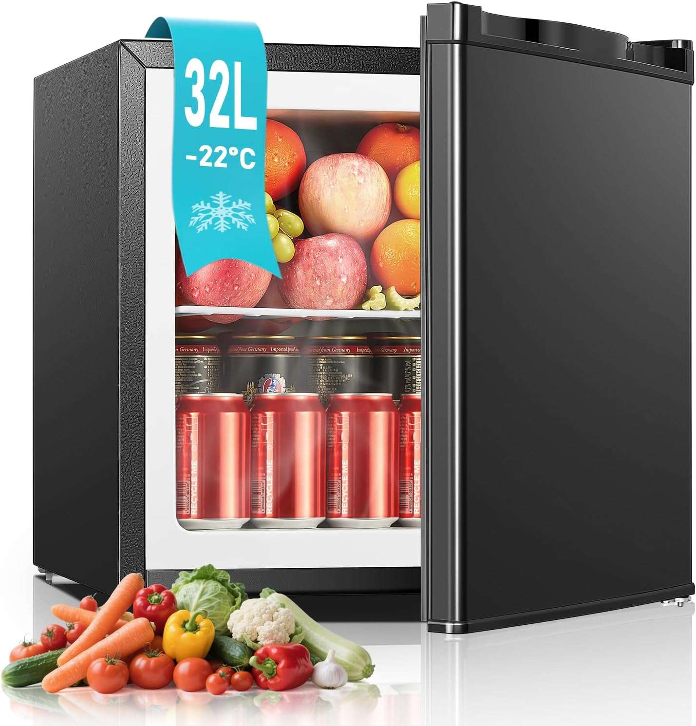 FOHERE Mini Gefrierschrank 32 l -22 °C Klein Kompakt Leise 43 db Gefrierbox, Schwarz, Wechselbarer Türanschlag, Tiefkühltruhe Tiefkühlschrank Klein