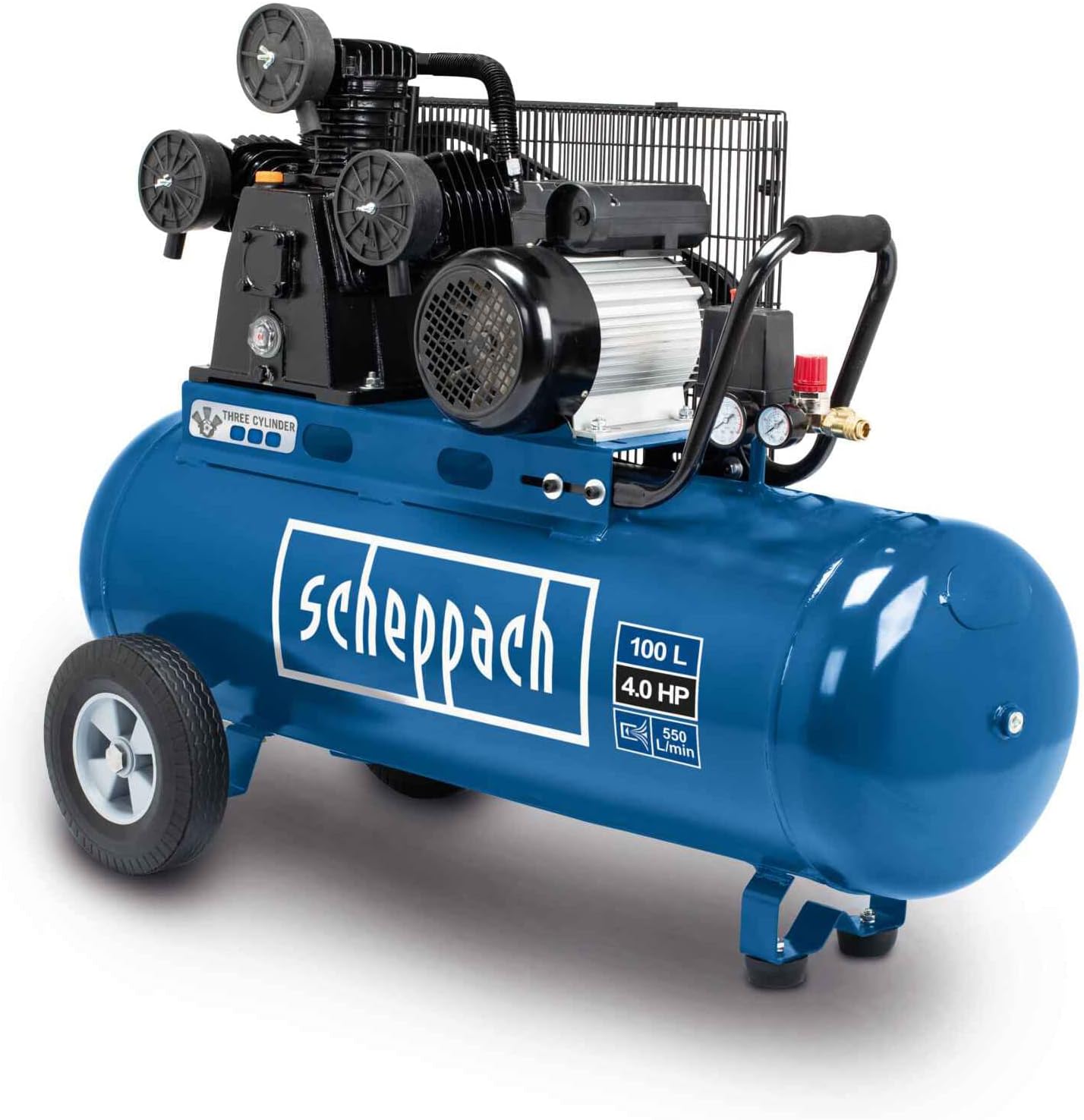 Scheppach Druckluft Kompressor HC550TC, 400 V Anschluss, Ansaugleistung 550 l/min, 100 l Kessel, 3 Zylinder Riemenantrieb, 4 PS Leistung