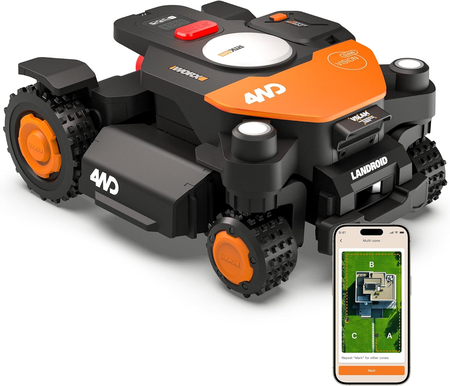 WORX Landroid Vision Cloud WR340E 4WD Mähroboter ohne Begrenzungskabel für 600 m2, KI-Hinderniserkennung, VSLAM+ RTK Cloud Navigation, 84% Steigung