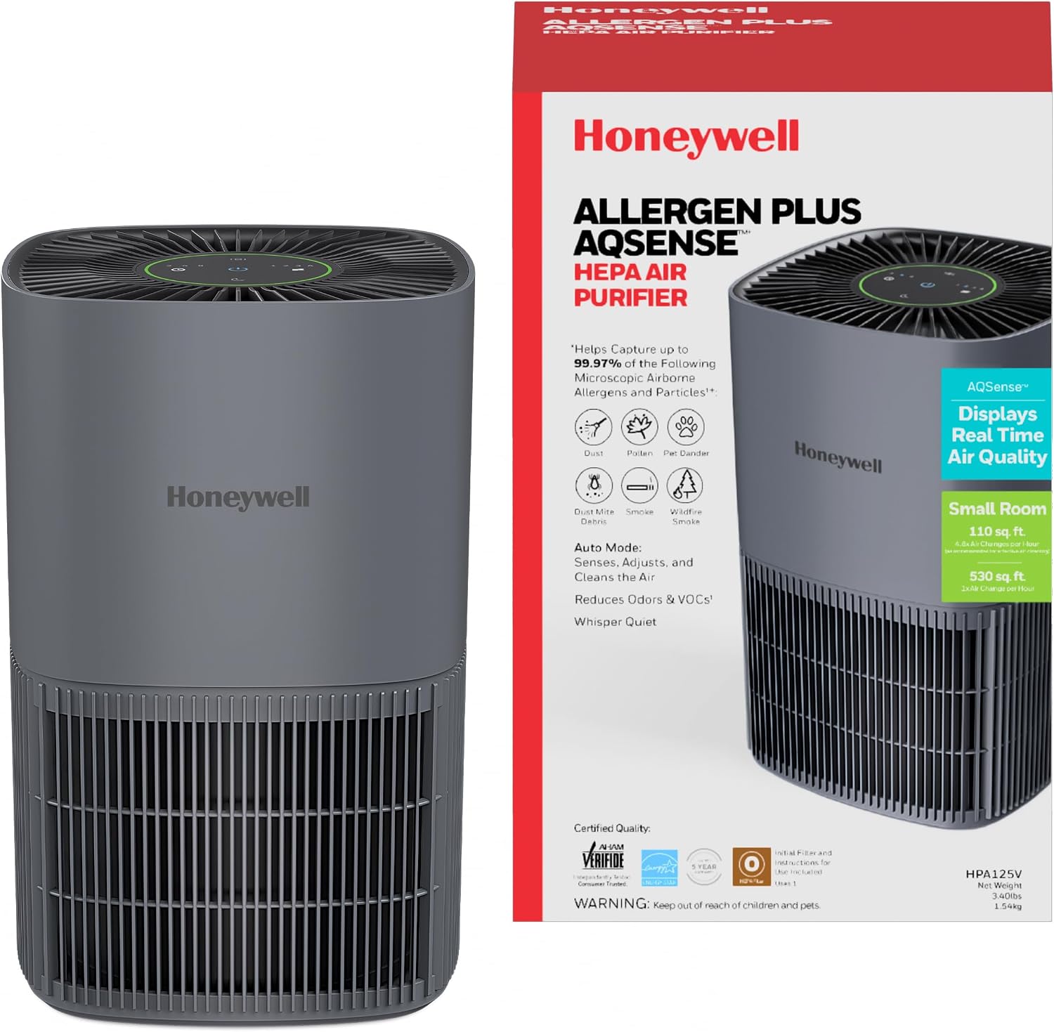 Honeywell Allergen Plus AQSense HEPA-Luftreiniger für Zuhause, Schlafzimmer und Haustiere, 530 m2 Abdeckung, Luftqualitätssensor, Auto-Modus