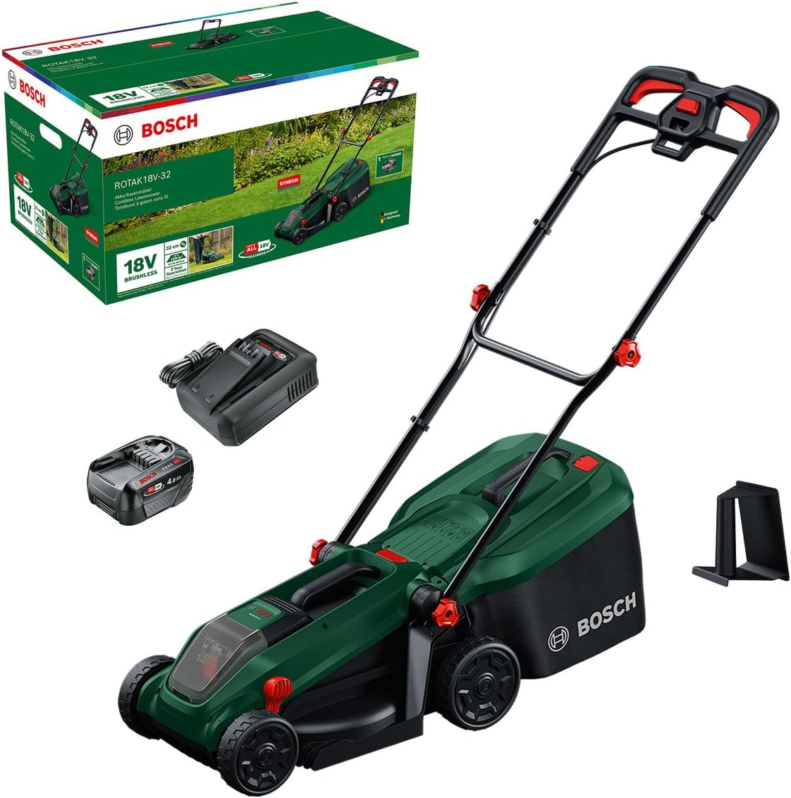 Bosch Akku-Rasenmäher ROTAK18 V-32, Inkl. Akku und Ladegerät, Schnittbreite: 32 cm, Schnitthöhe: 25-65 mm, 35 l Stoff-Grasfangkorb