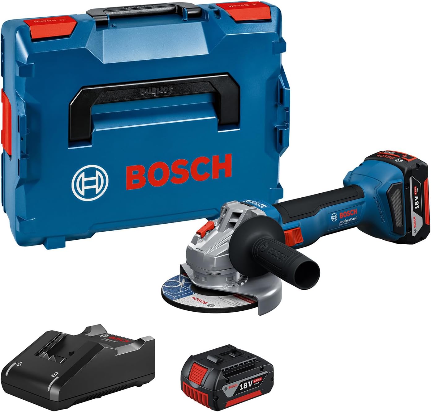Bosch Professional 18 V System Akku-Winkelschleifer GWS 18 V-8, Inkl. 2x Akku GBA 4.0 Ah, Ladegerät GAL 18 V-40, Scheibendurchmesser 125 mm, L-BOXX