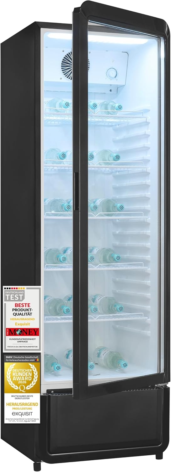 Exquisit Getränkekühlschrank 280 l mit Glastür - Gastro Kühlschrank, Beleuchtung, verstellbar, Schwarz