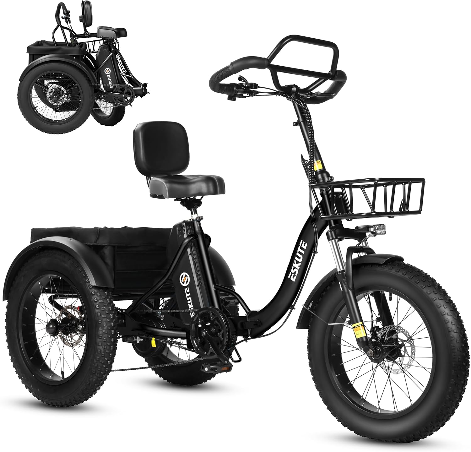 ESKUTE Elektro Dreirad für Erwachsene T302 Pro, 48 V 20,8 Ah Akku, 25 km/h, Faltbares E-Bike Dreirad mit Tiefeinstieg, 7-Gang, 60–130 km Reichweite