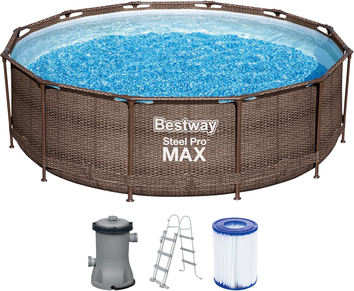Bestway 56709-GS18 Steel Pro Max Stahlrahmenpool-Set mit Filterpumpe und Zubehör, 9150 l, 366 × 366 × 100 cm, Blau