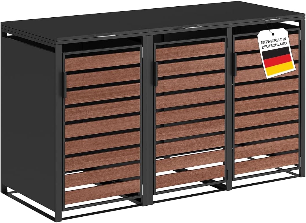 STEELSØN Kestra Mülltonnenbox 3er bis 240 l, Mülltonnenverkleidung Stahl mit Sichtstreifen in Nußbaum-Holzoptik, Müllcontainer 3 Tonnen