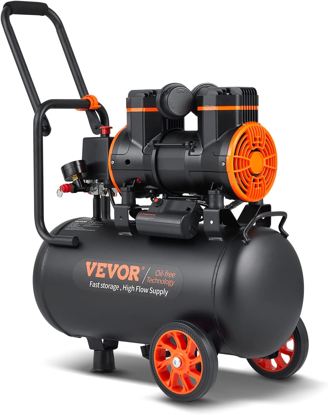 VEVOR Kompressor 24 l Silent Druckluftkompressor, 1450 W, 2800 U/min Ölfreier 70 dB Flüsterkompressor mit 2 Rädern, 6-8Bar, 2PS, 3,5 MPa
