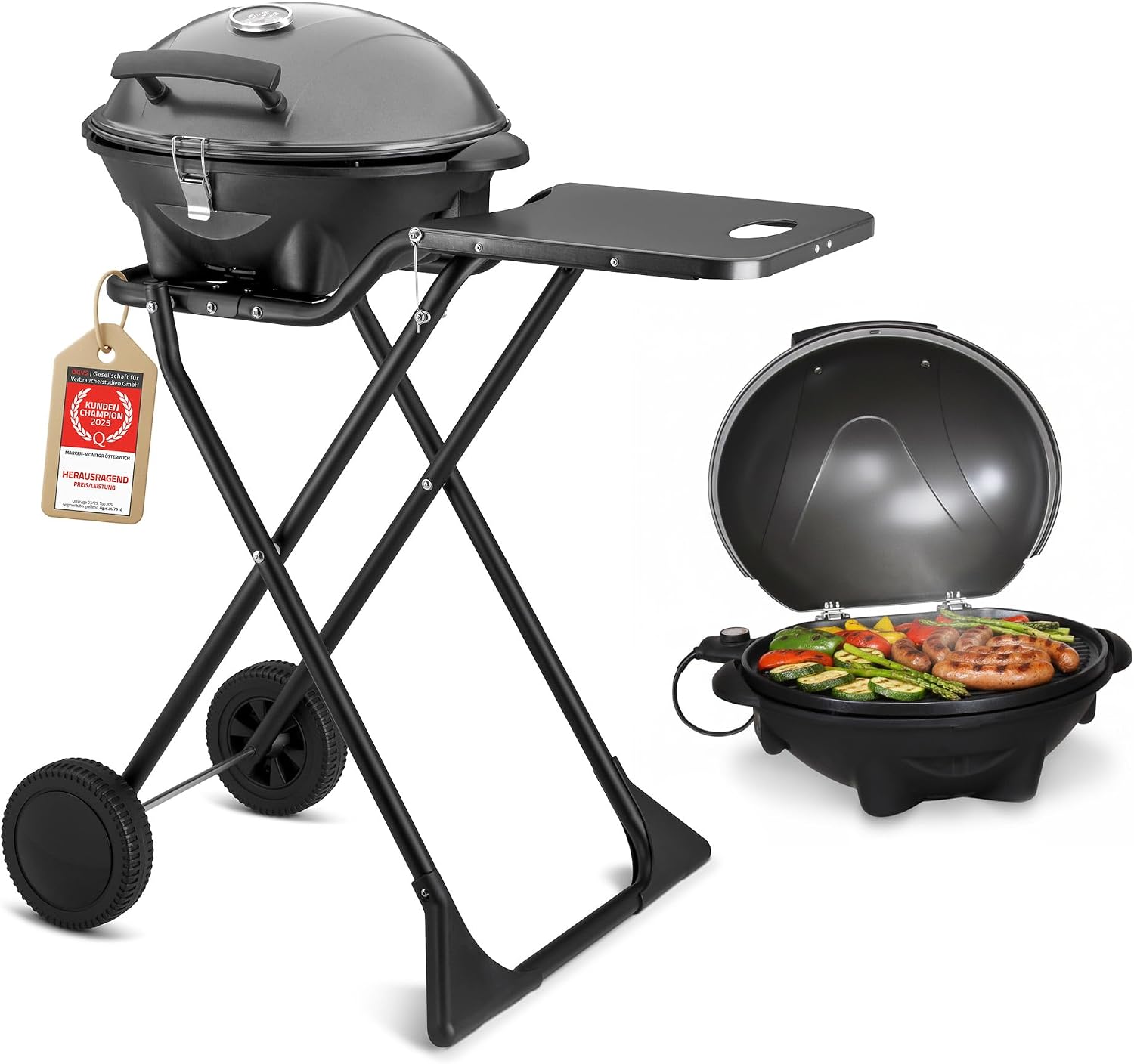 TZS First Austria, Elektrogrill 2 in 1 Tischgrill & Standgrill 2400 W, Elektrischer & klappbarer Grill für Balkon & Terrasse mit Deckel & Rollwagen