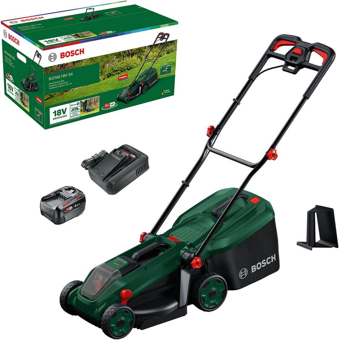 Bosch Akku-Rasenmäher ROTAK18 V-34, Inkl. Akku und Ladegerät, Schnittbreite: 34 cm, Schnitthöhe: 25-65 mm, 35 l Stoff-Grasfangkorb
