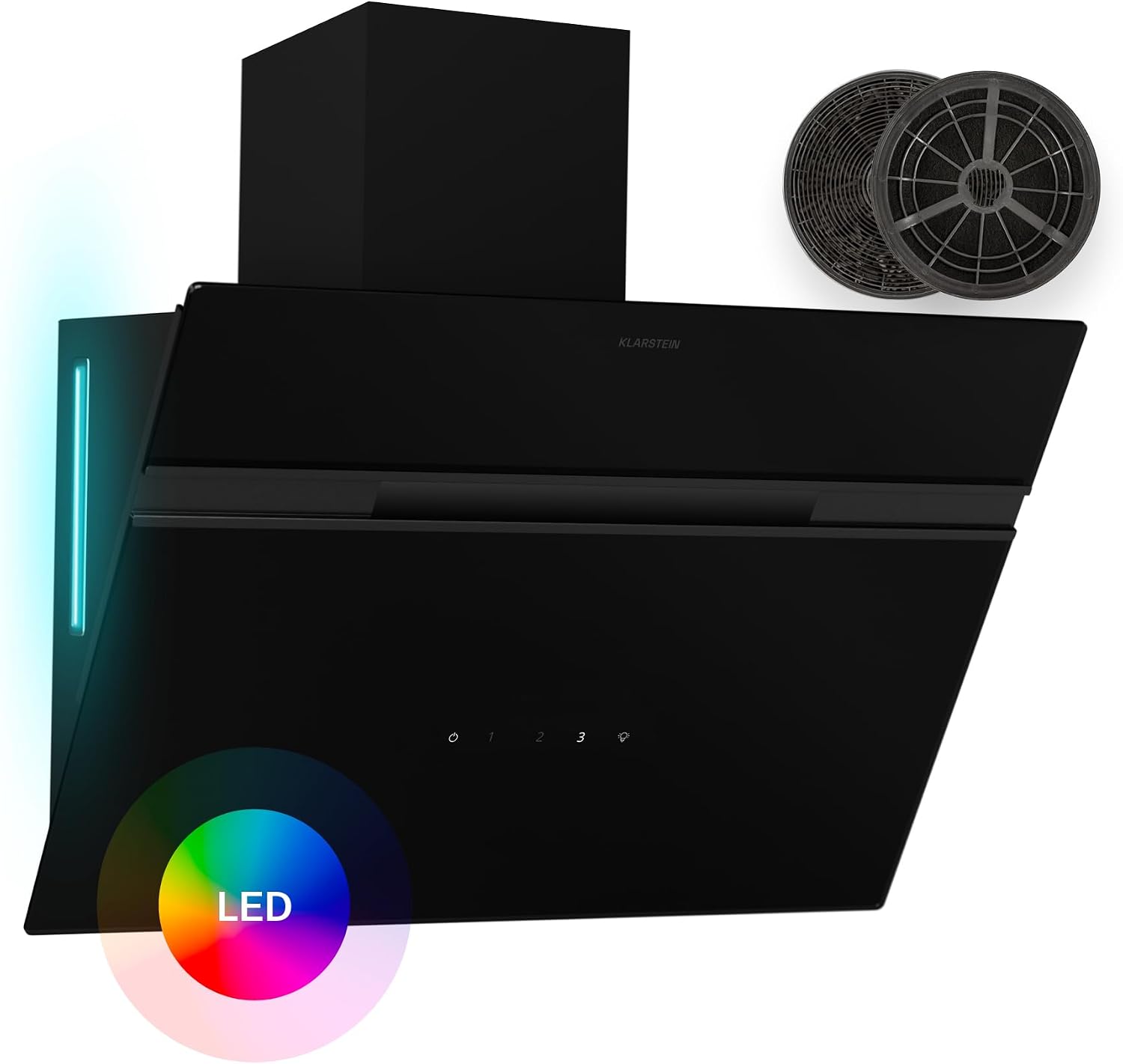 Klarstein Dunstabzugshaube Alina, Schwarz, 60-cm-Wandhaube, 600 m3/h Luftstrom, Energieeffizienzklasse A, LED-Beleuchtung in 9 Farben, Umluftbetrieb