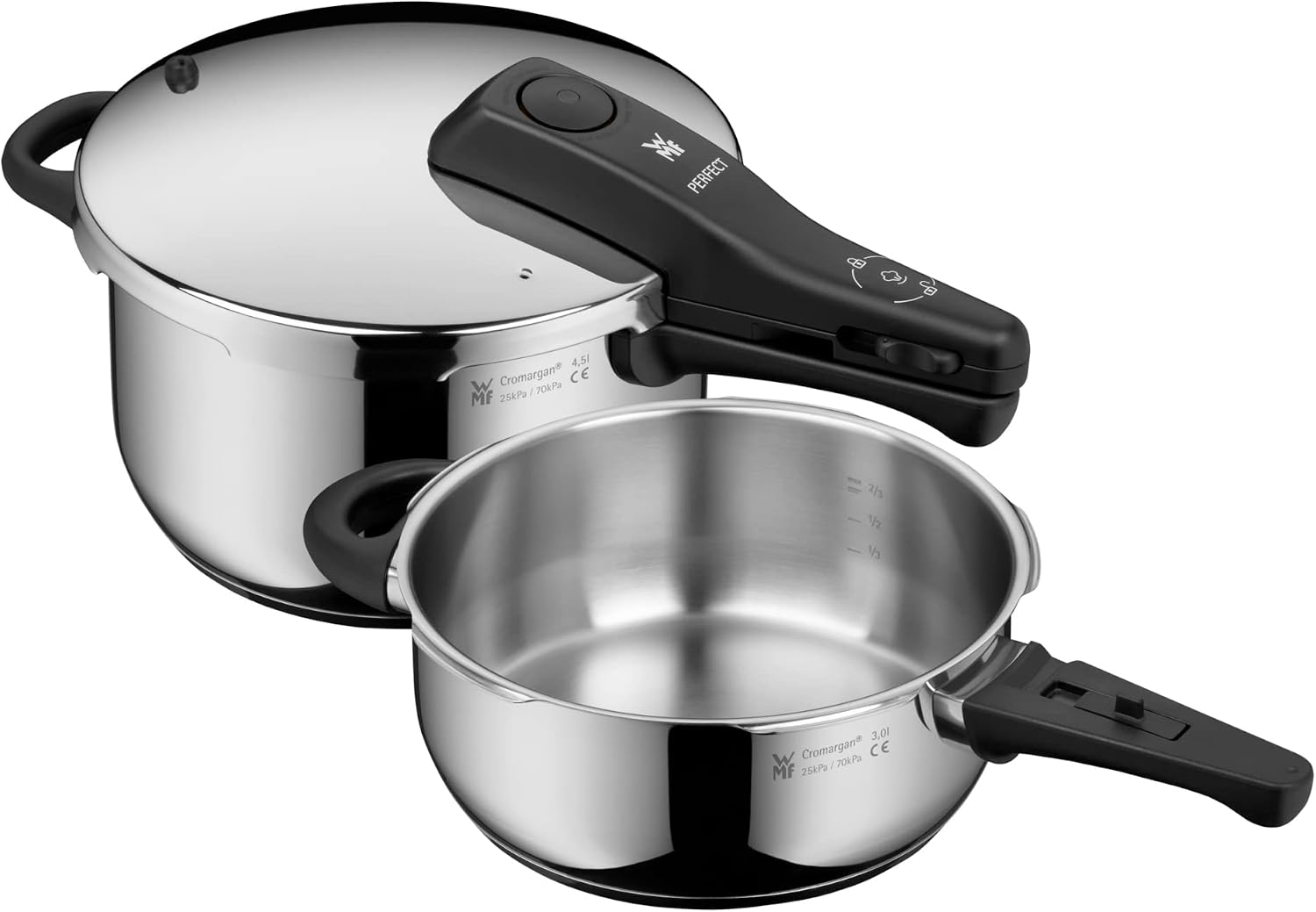 WMF Perfect One Pot Schnellkochtopf Induktion Set 2-teilig, Dampfkochtopf 4,5 l, 3 l, Großes Kochsignal, 2 Kochstufen, Abnehmbarer Deckelgriff