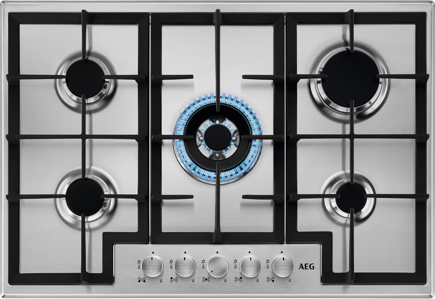 AEG HGB75400SM Slim Line Gaskochfeld aus Edelstahl, 5 Speed-Burner-Gasbrenner, 75 cm, 5 Feuer, automatische Gasabschaltung