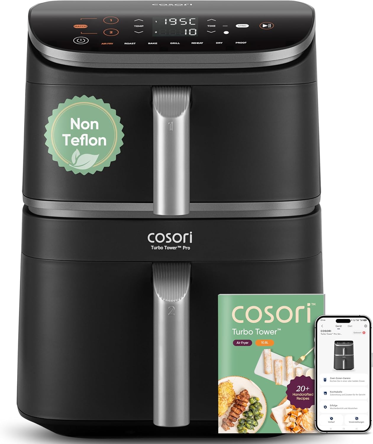 COSORI Turbo Tower Pro Smart Airfryer, 10,8 l Keramikbeschichtung Heißluftfritteuse, DualBlaze-Technologie und WLAN-Steuerung, Grau Silber, Silbergrau