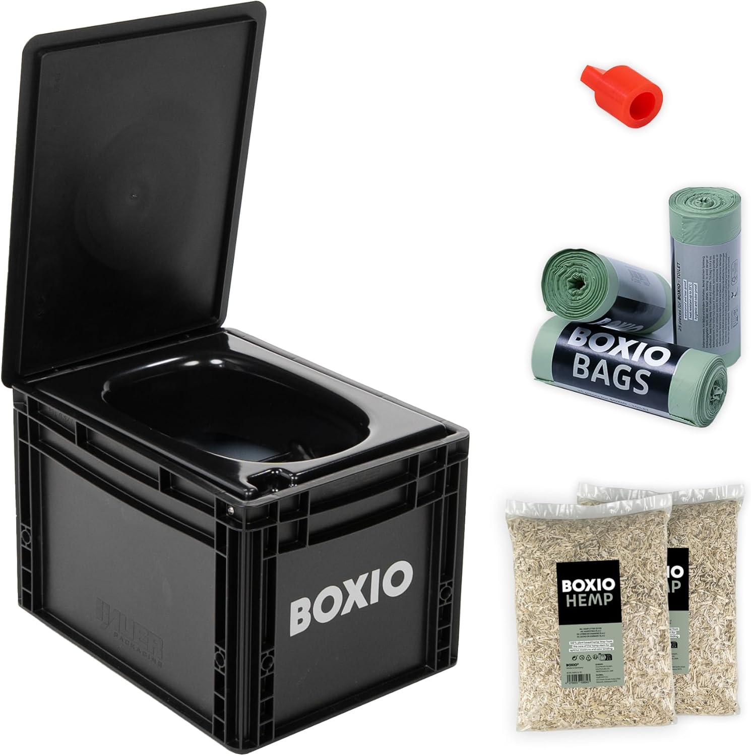 BOXIO, Mobile Trockentrenntoilette ohne Chemie für Camping, Dachzelt: Toilette auf Eurobox Basis ohne Strom für unterwegs, Plug & Bags, Van, Outdoor