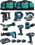 Makita MK801: 8-teiliges 18 V Profi-Werkzeug-Set, Mit 3 × 5,0 Ah Akku, Ladegerät und 2x LXT600 Trolley, DDF482, DHR171, DGA504, DTD152, DJV182, DSS610