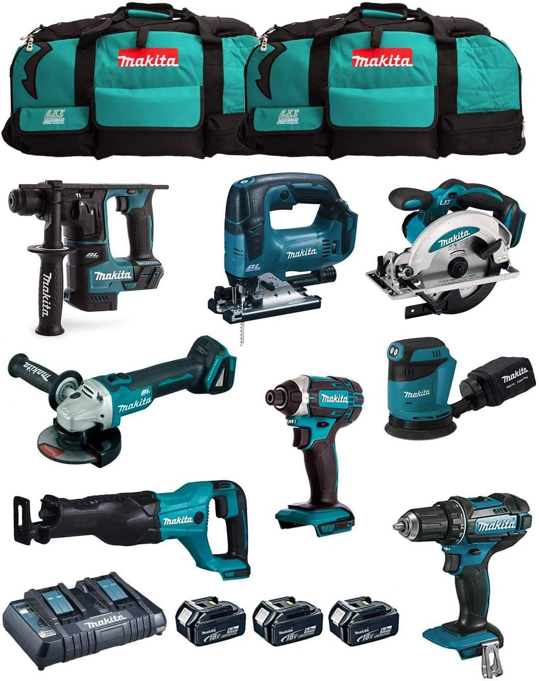 Makita MK801: 8-teiliges 18 V Profi-Werkzeug-Set, Mit 3 × 5,0 Ah Akku, Ladegerät und 2x LXT600 Trolley, DDF482, DHR171, DGA504, DTD152, DJV182, DSS610