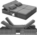 UDPATIO XXL Rattan Gartenliege wetterfest, 200 × 160 cm Polyrattan Sonnenliege für 2 Personen, Grau-meliert & Dunkelgraue Bezüge