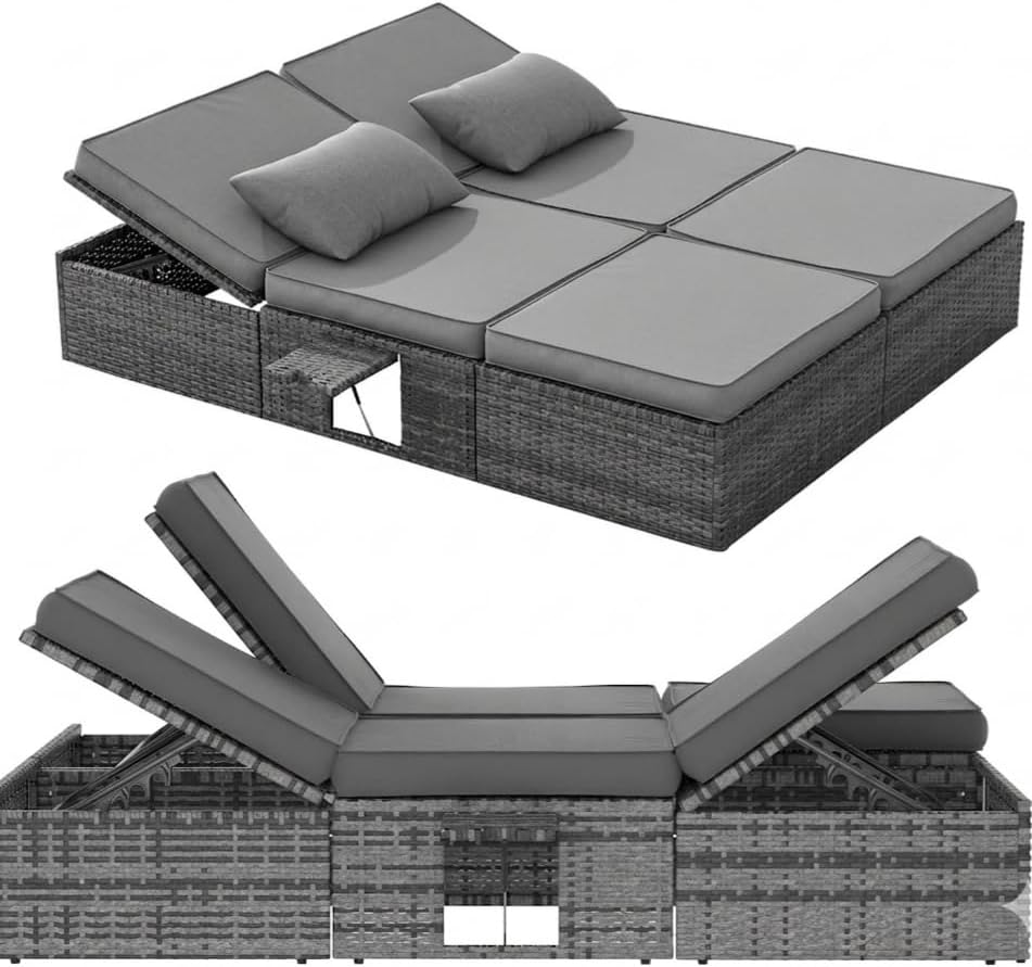 UDPATIO XXL Rattan Gartenliege wetterfest, 200 × 160 cm Polyrattan Sonnenliege für 2 Personen, Grau-meliert & Dunkelgraue Bezüge