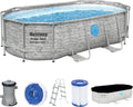 Bestway Power Steel Swim Vista Series Frame Pool Komplett-Set mit Filterpumpe 427 × 250 × 100 cm, Steinwand-Optik, Cremegrau, Oval