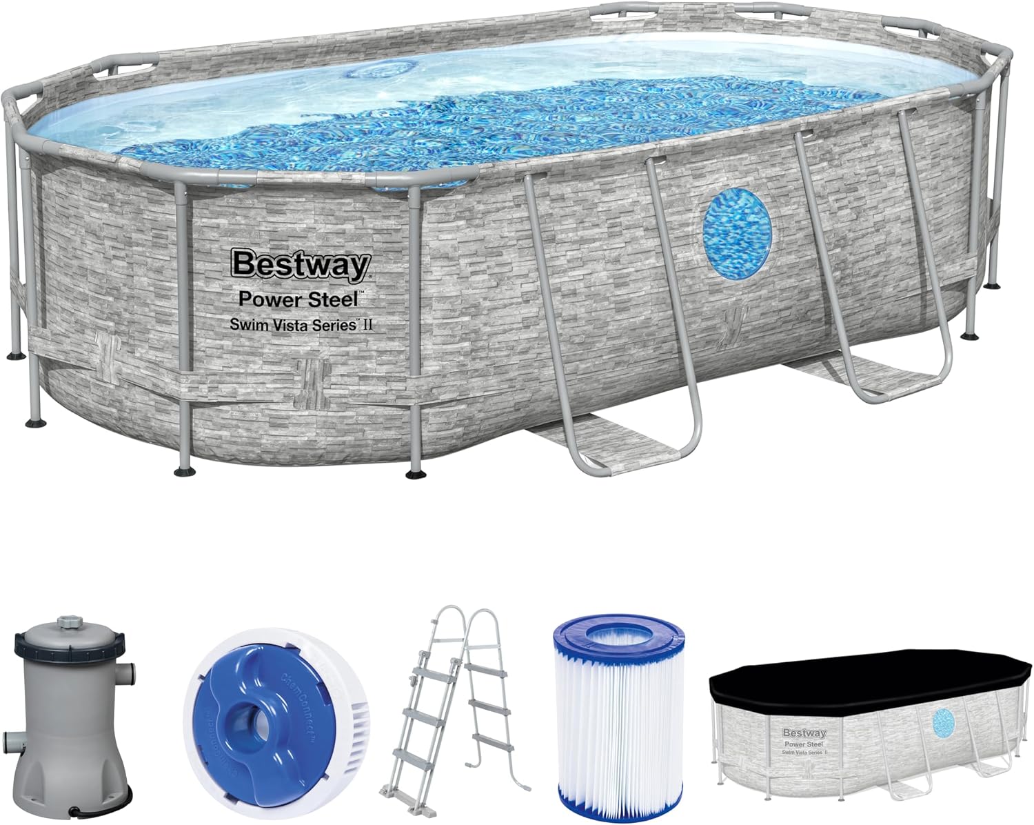 Bestway Power Steel Swim Vista Series Frame Pool Komplett-Set mit Filterpumpe 427 × 250 × 100 cm, Steinwand-Optik, Cremegrau, Oval