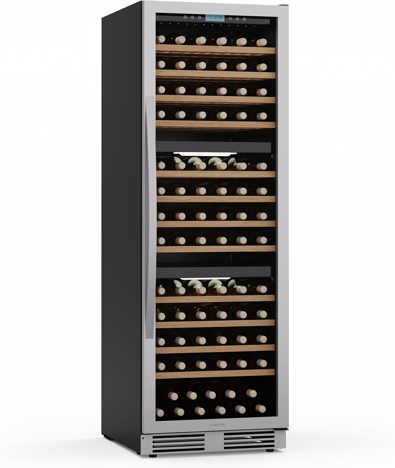 Klarstein Vinovilla Trio Weinkühlschrank, 5–20 °C, 144 Flaschen, 3 Zonen, LED-Beleuchtung, UV-Schutz, Freistehend, Weinklimaschrank