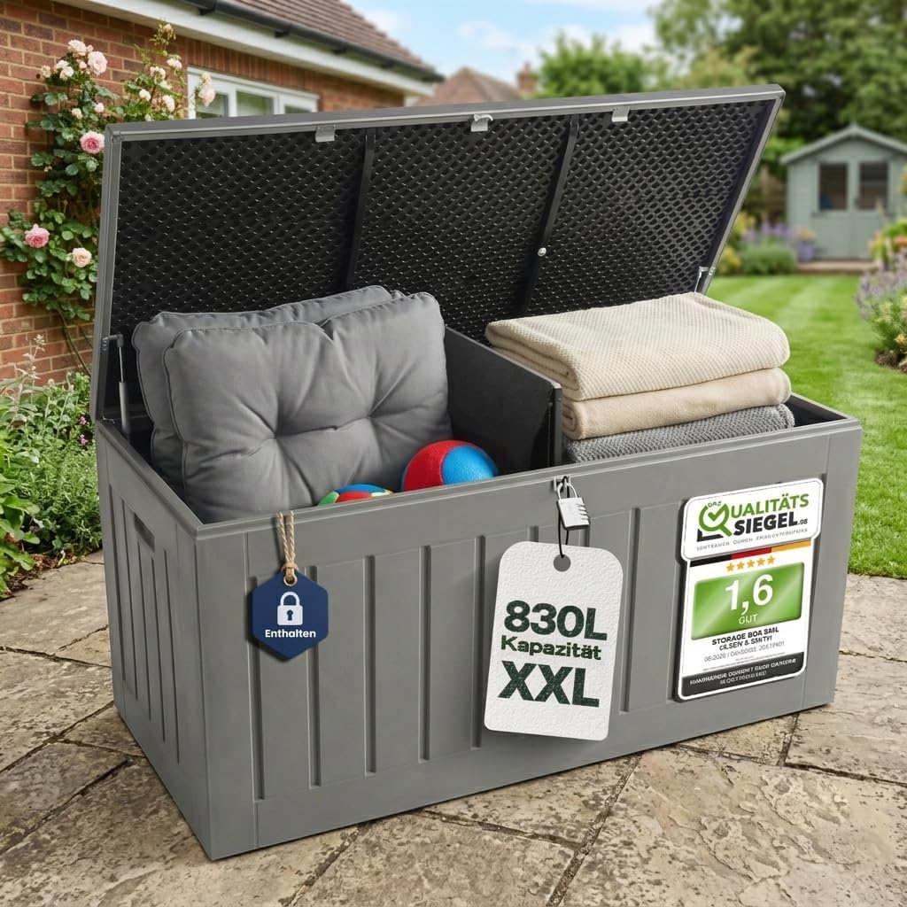 Olsen & Smith Abschließbare XXL 830 l Aufbewahrungsbox mit Deckel Groß, Wasserdicht Auflagenbox & Kissenbox, Gartentruhe Anthrazit Holzoptik