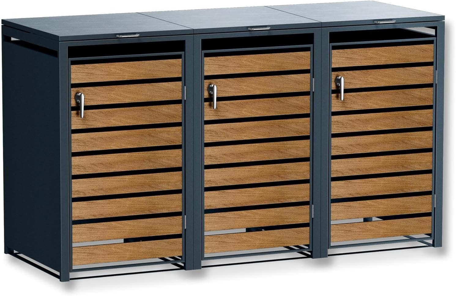 Metzler Mülltonnenbox in Anthrazit & Holzoptik 3er 240 l, Mülltonnenverkleidung 3 Tonnen, Abschließbar, Garten- und Müllbox