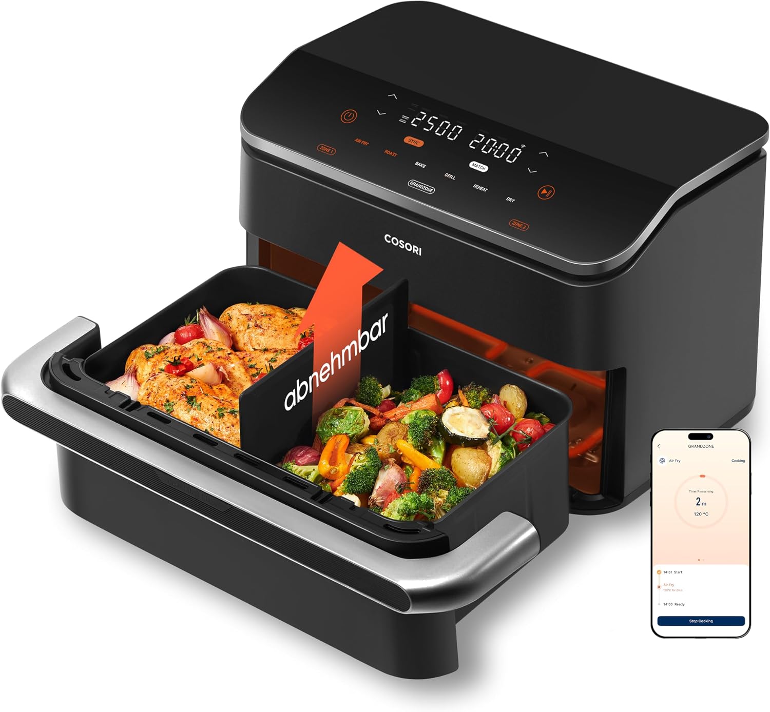 COSORI Heißluftfritteuse 2 Kammern, Dual Blaze TwinFry 10 l Airfryer, TF102S, Schwarz, Mit 4 Heizrohren und flexiblen Kammern