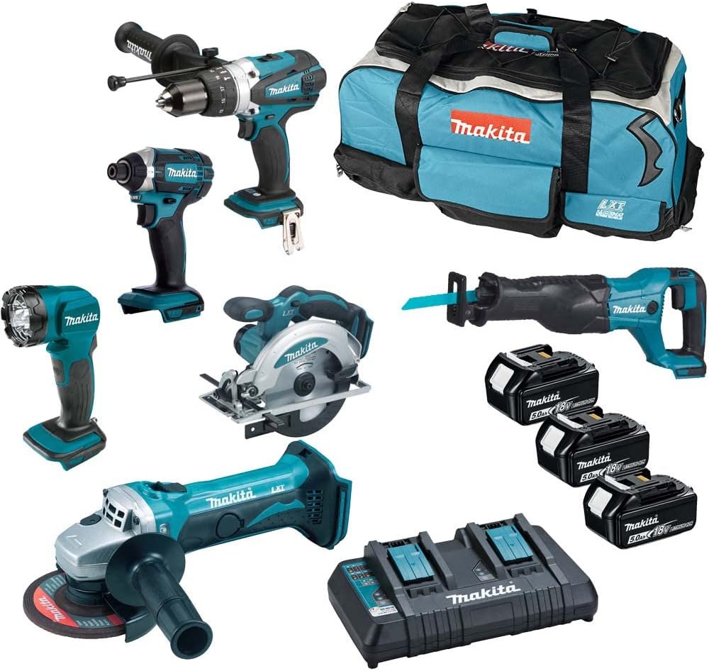 Makita Amazon Exklusiv:  DLX6104TX2 18 V Li-Ion LXT 6-teiliges Kombi-Kit komplett mit 3 × 5,0 Ah Akkus und Ladegerät mit zwei Anschlüssen