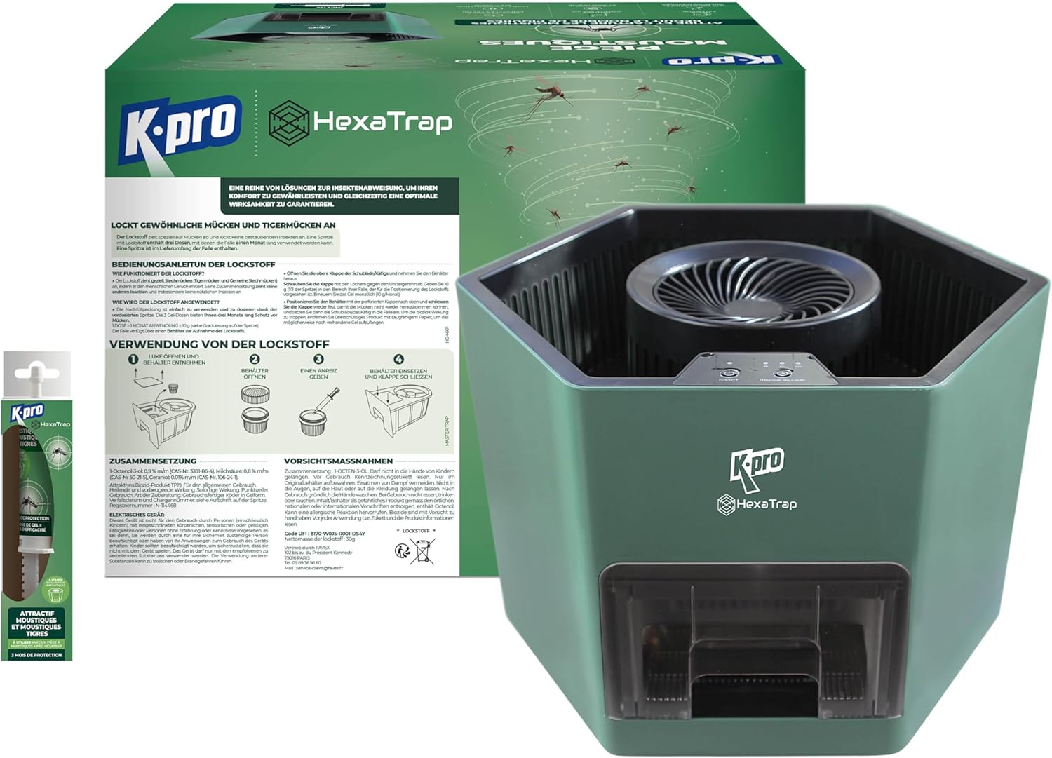 K.PRO Elektrische Mückenfalle + 1 Lockstoff-Spritze, Mücken und Tigermücken, Lockt Mücken an und fängt sie EIN, Hexatrap, 3 Monate Ruhe