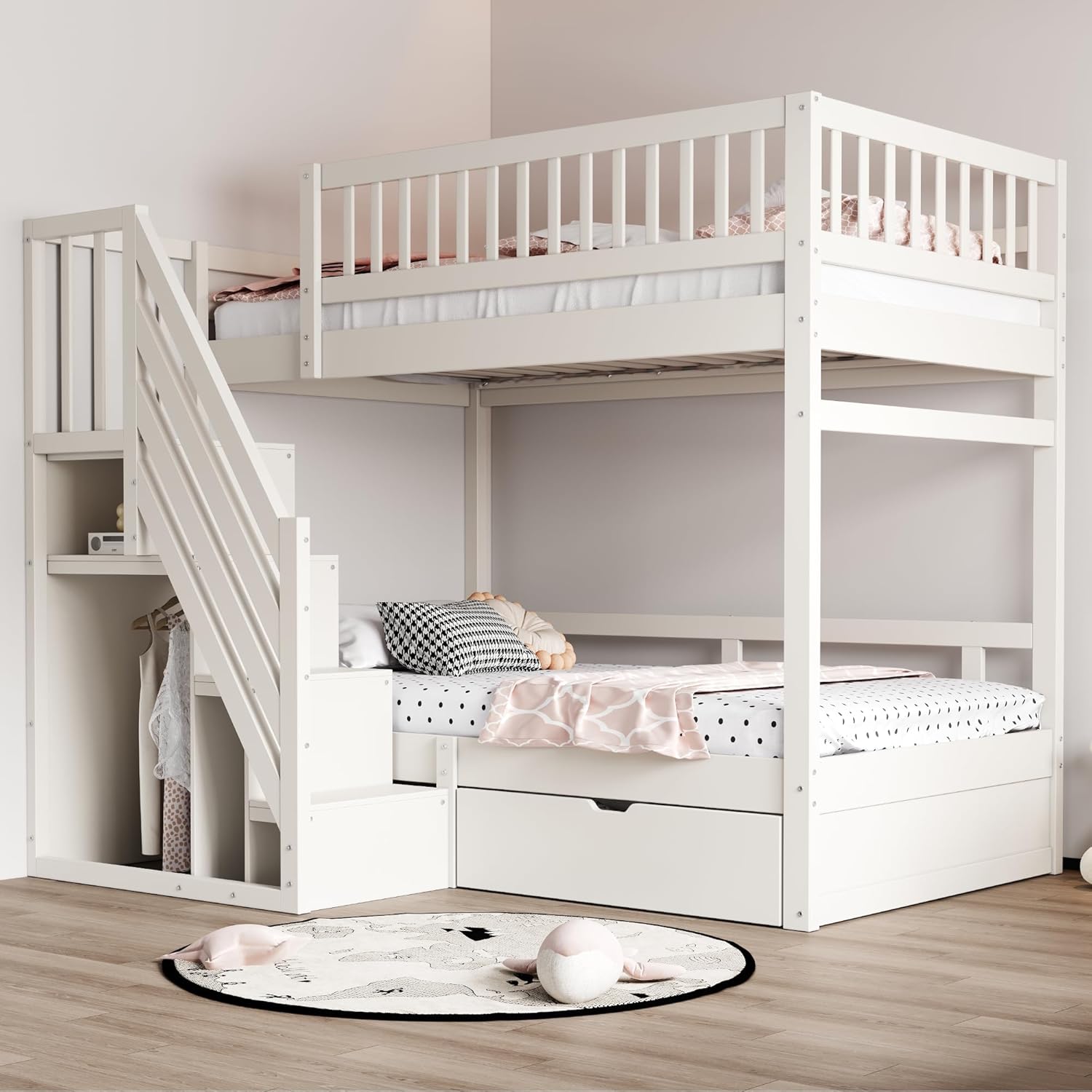 Jovify Bett Kinder Etagenbett 90 × 200 Für 2 Kinder , Massivholz, Ohne Matratze, Hochbett mit Treppe&Aufbewahrungsschrank&Schublade, Weiß