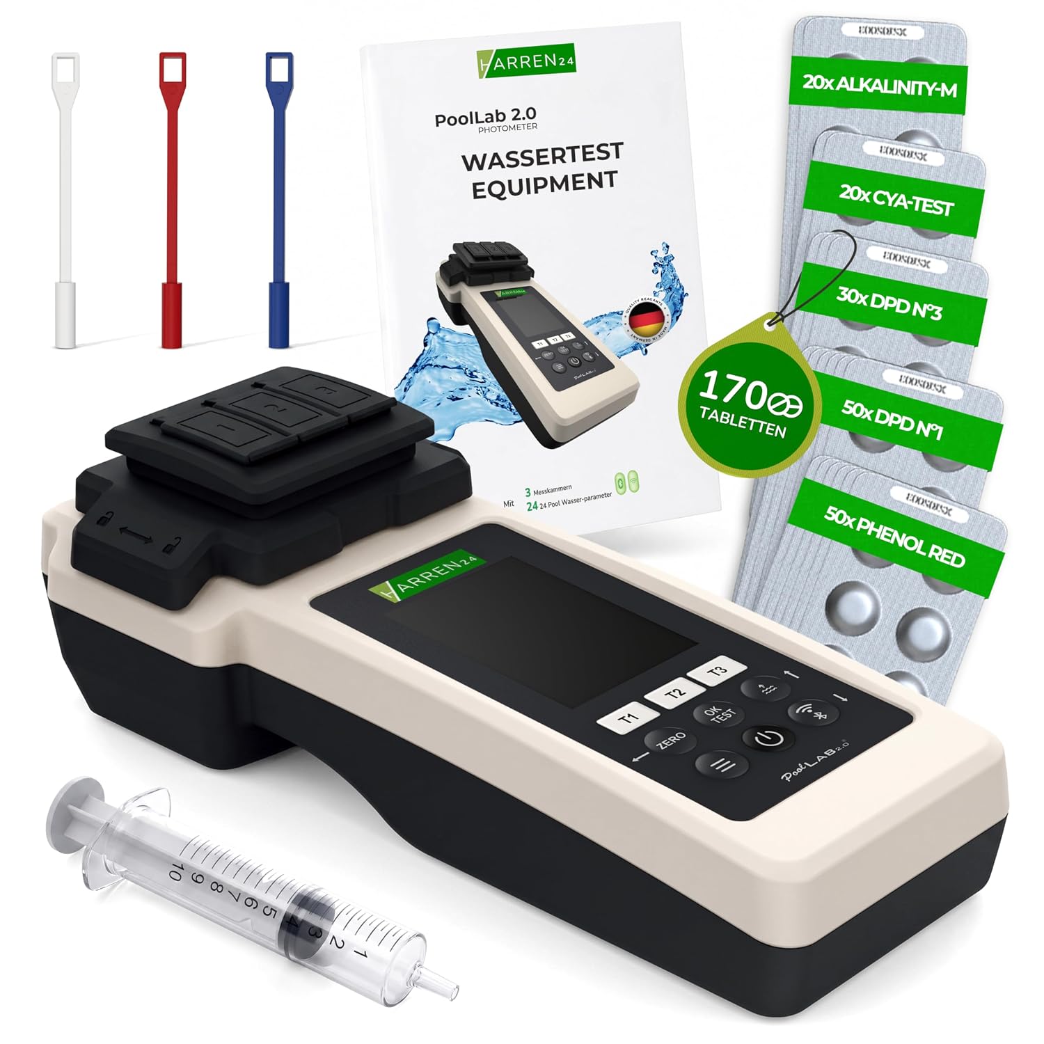 harren24 Poollab Special Edition, Wassertester, wasserdichtes Photometer für bis zu 24 Wasserparameter, 170 Testtabletten, 170 Pool Testtabletten