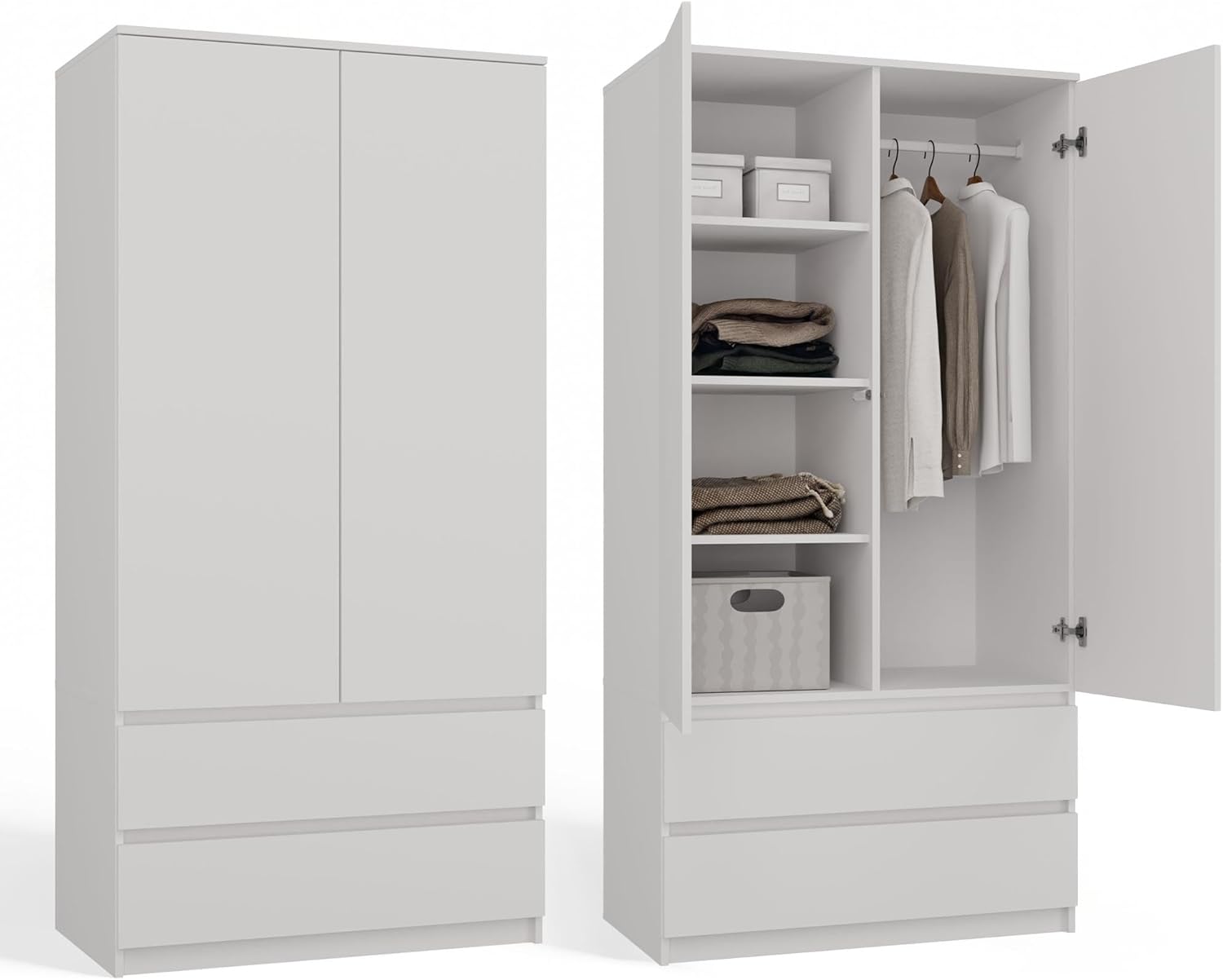 CDF Kleiderschrank Weiß 90 cm Breit Kinderzimmer Schlafzimmer 2 Schubladen 2-türig Kleiderschrank Zweitüriger Schrank Moderne Look Alles für die