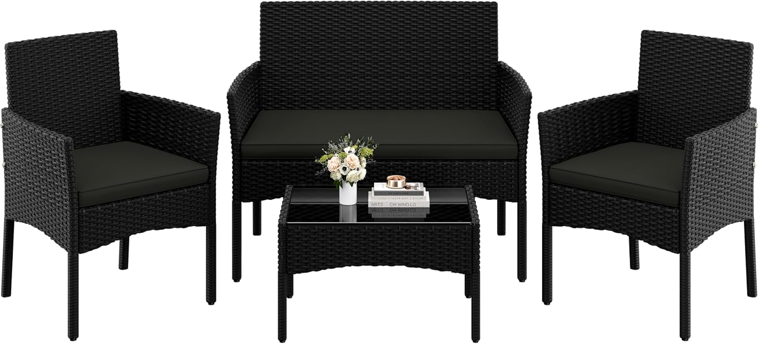 Yaheetech 4-er Gartenmöbel Set Balkonmöbel Set aus Polyrattan Terassenmöbel Außen mit 2er Sofa, Schwarz & Grau, 2 Stühle