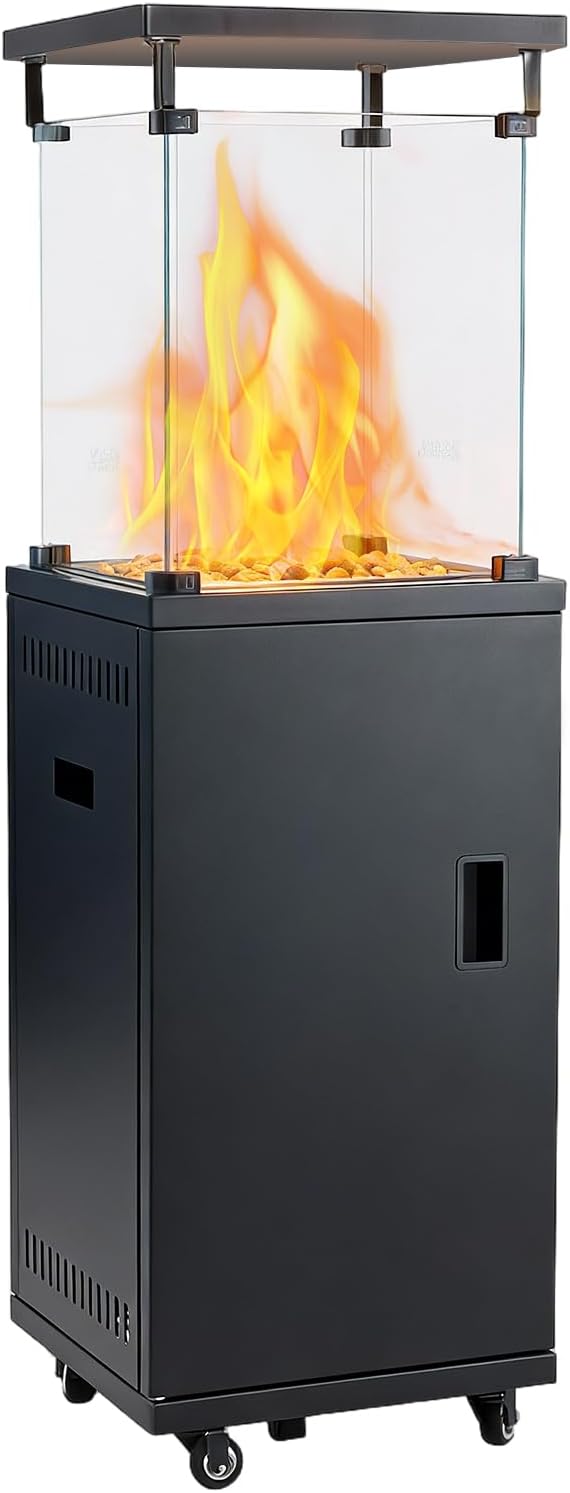 DUMOS Gasheizstrahler 5/11 kW Gas Piezozündung Heizung + Gasdruckregler + Cover, Schwarz, 360° Rollen Kippschutz
