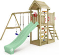 WICKEY Spielturm Klettergerüst MultiFlyer mit Holzdach, Schaukel & pastellgrüner Rutsche, Outdoor Kinder Kletterturm mit Sandkasten