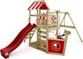 Wickey Spielturm Klettergerüst SeaFlyer Schaukel Klettergerät, Rot/Holz, Leiter & Spiel-Zubehör für den Garten