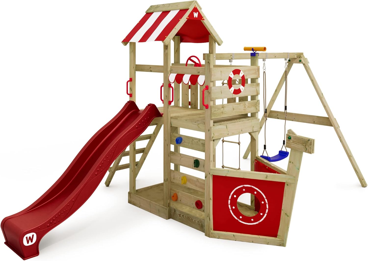 Wickey Spielturm Klettergerüst SeaFlyer Schaukel Klettergerät, Rot/Holz, Leiter & Spiel-Zubehör für den Garten