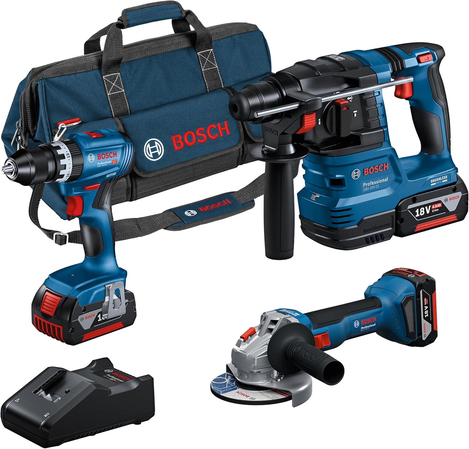 Bosch Professional 18 V System Akku-Combo Kit: GSB 18 V-45 + GBH 18 V-22 + GWS 18 V-8, Inkl. 3x GBA 4.0 Ah, GAL 18 V-40, Amazon Exclusive